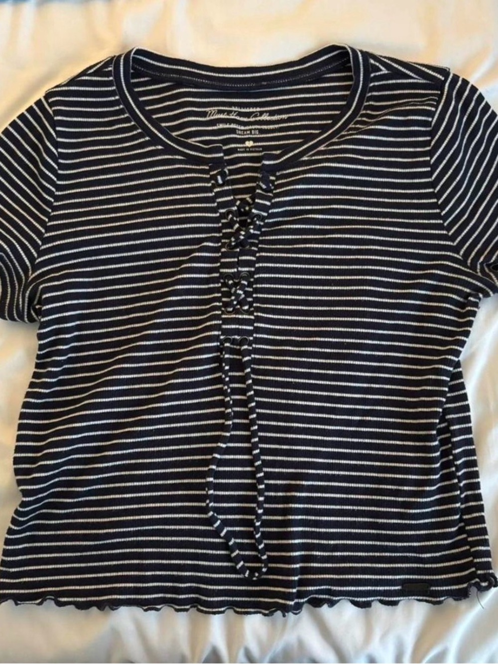 Striped Lace-Up Ribbed Tee — Navy & White
